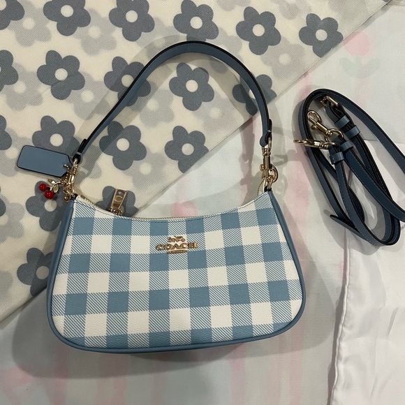 Coach Handbags - Coach Blue and White Gingham Shoulder Bag with Gold Hardware